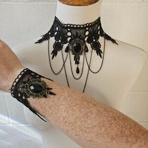 Vintage Regency Goth Vampire Gothic Lace Choker & Bracelet Set